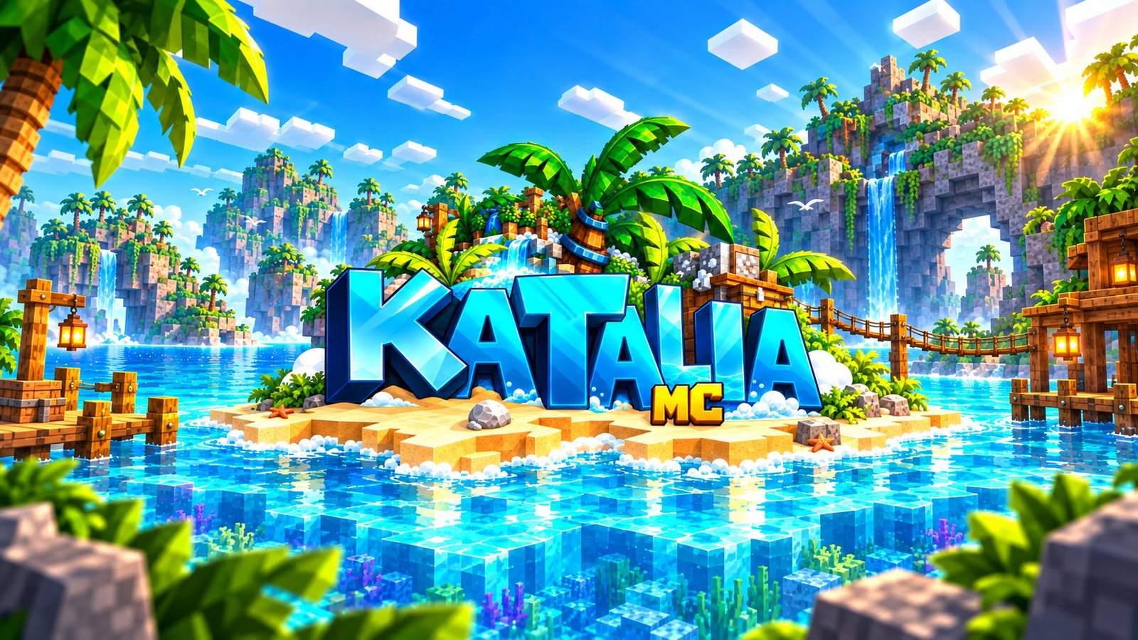 L'archipel de Katalia MC : îles tropicales en voxel, lagon turquoise et cascades